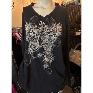 Platinum Plush Roses Angels and Motorcycle Rhinestones LS Tee